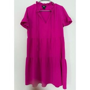 DKNY Women's Pink Ruffle Neck Tiered Dress Short Sleeve Casual Size 10